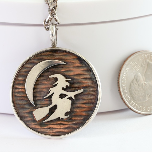 Sterling Silver Witch on Broom Pendant Necklace with Copper Moonlit Background - Picture 3 of 7